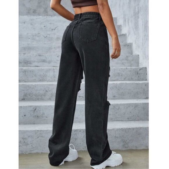Shein Faded Black High Waist Distressed Wide Straight Leg Jeans Size Large - Picture 5 of 13